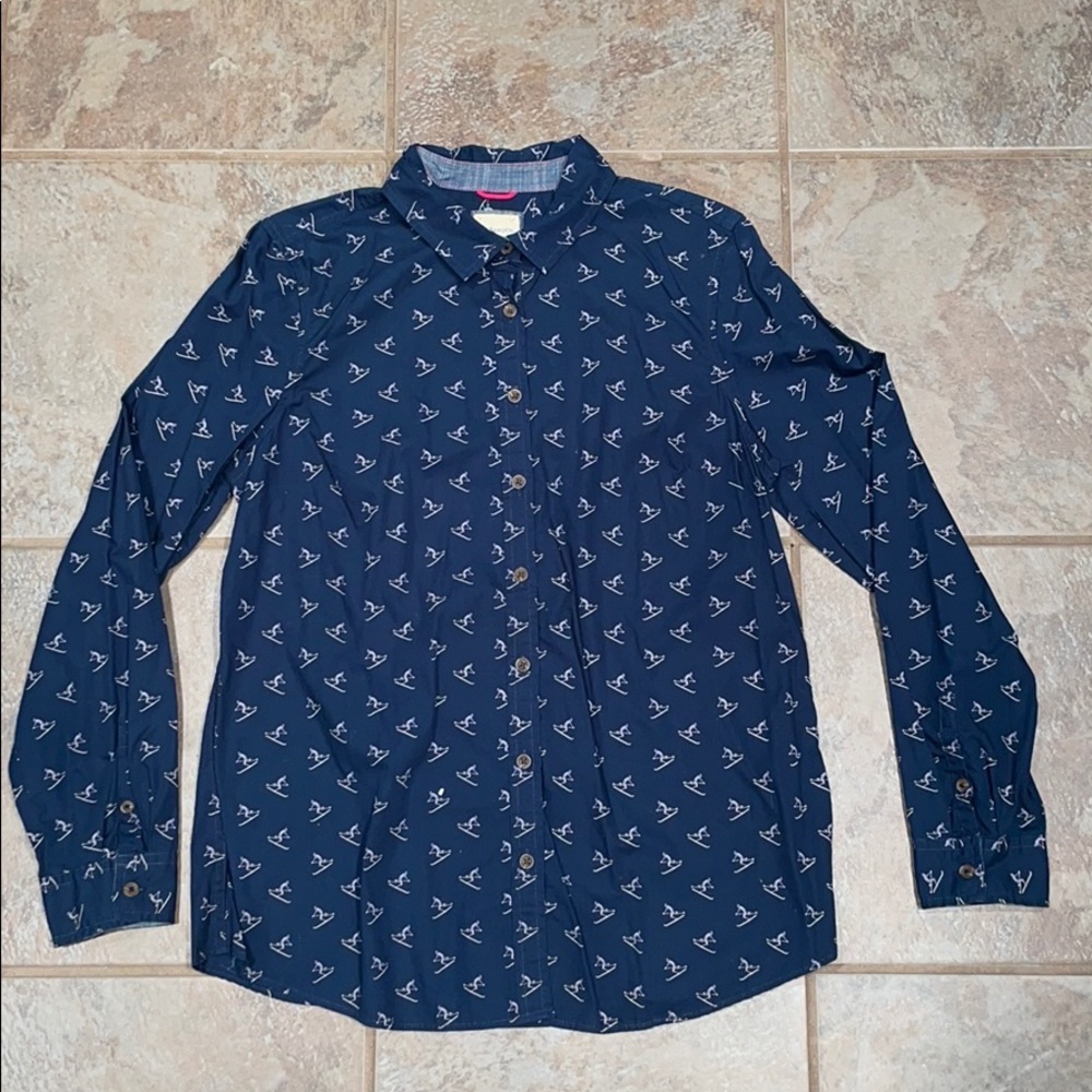 G.H. Bass Navy Button-Down Shirt with Skiers